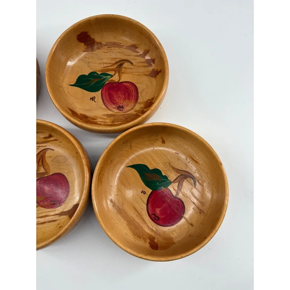Vintage Hand Painted Wooden Bowls Set of 5 Red Apple Artisan Americana 5 Inch
